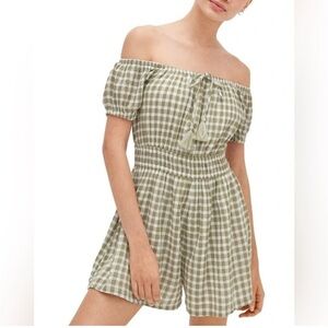 American Eagle Gingham Puff Sleeve Olive Green Plaid Romper size small